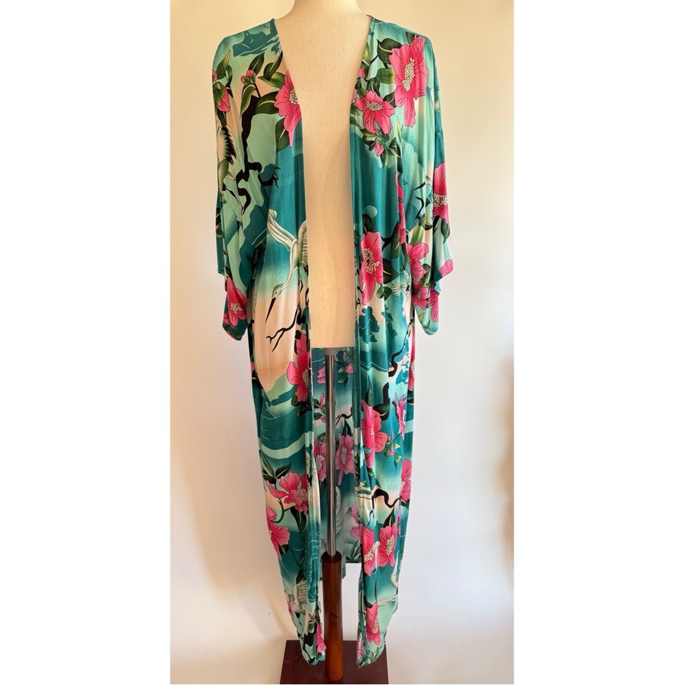 Kimono Robe Asian Print Satin Tie Small Full Length Flowy Festival - Picture 5 of 14